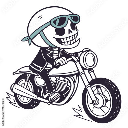 Cartoon skeleton riding motorcycle with sunglasses and helmet