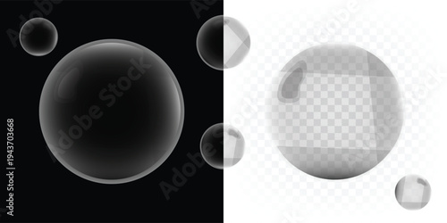 Realistic transparent soap bubbles and water drops set with glossy reflections and 3D glass effect for creative design layouts