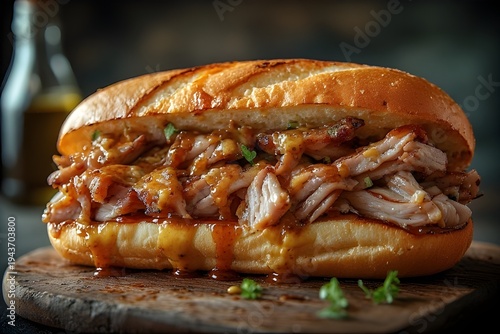portuguese bifana sandwich on a wooden board