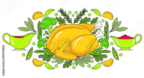 Whole Roasted Chicken Dinner with Fresh Vegetables and Gravy