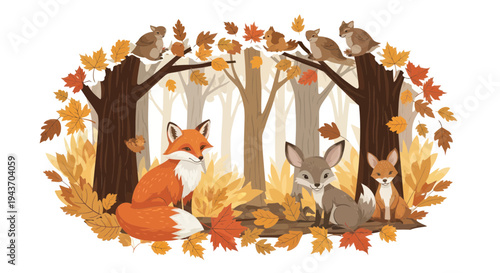 Cute woodland animals and autumn leaves in a forest setting, illustration