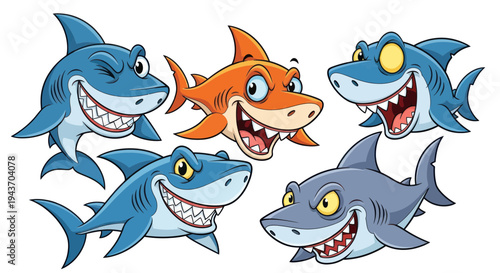 Funny Cartoon Sharks Group Illustration