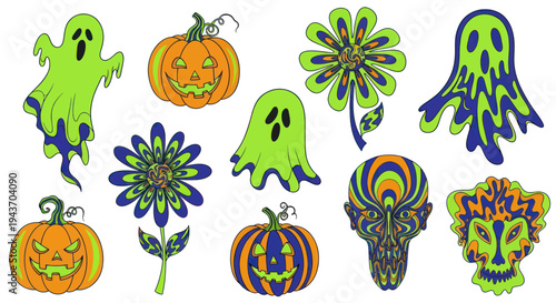 Halloween Psychedelic Art: Ghosts, Pumpkins, Flowers, Skull, and Face