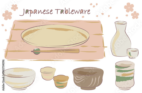 筆描き風　和食に使われる食器のイラストセット