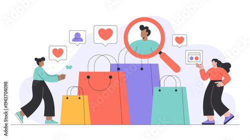 People shopping online with colorful bags and social media icons e commerce concept with magnifying glass