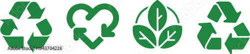 Recycle vector icon set with arrows heart and leaf eco symbols rounded angles environmental recycling signs isolated