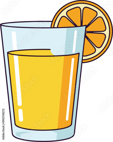 Glass of fresh orange juice with orange slice garnish illustration, healthy citrus beverage vector isolated on white background