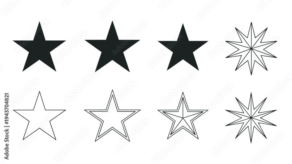 Fototapeta premium Variety of star shapes in solid black and thin outline styles featuring different point counts and geometric designs.