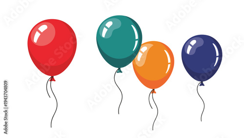 Group of four colorful balloons in red teal orange and dark blue floating against a plain white background for party.