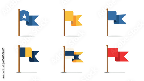 Six colorful flag icons on wooden poles with different patterns and shades of blue yellow red and white on white.