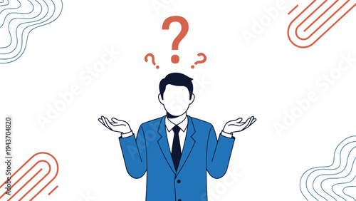 Businessman in a blue suit shrugging with question marks floating above his head to represent confusion or doubt.