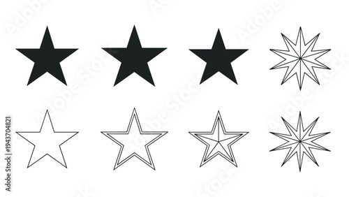 Variety of star shapes in solid black and thin outline styles featuring different point counts and geometric designs.