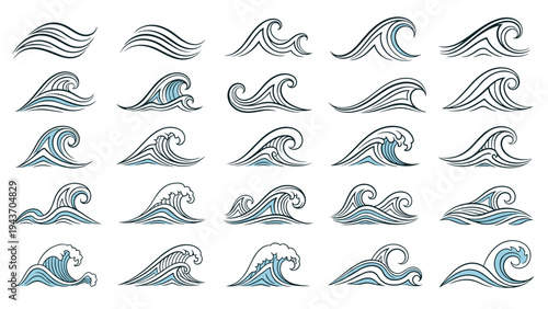 Extensive collection of hand drawn ocean wave icons in blue and white featuring various styles of sea water movements.