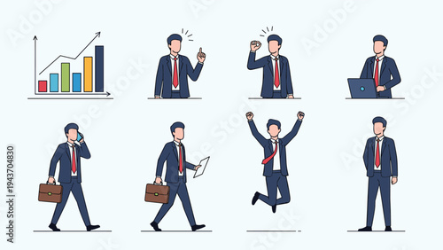 Collection of businessman character illustrations showing different office activities like using a laptop and calling.