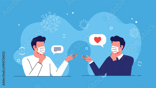 Two men wearing medical face masks talking to each other with virus icons and a heart symbol in a blue background.
