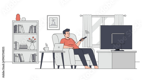 Man sitting comfortably in a white armchair while watching television and holding a remote control in a living room.