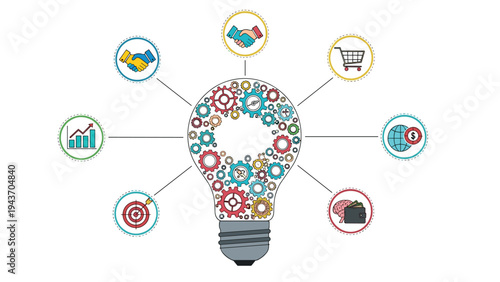 Business infographic concept featuring a lightbulb filled with gears surrounded by various icons representing growth.