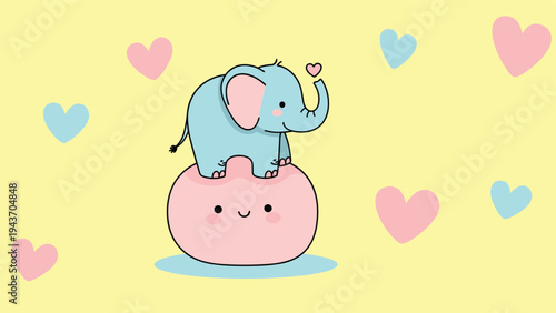 Cute blue cartoon elephant balancing on a pink mochi character surrounded by blue and pink hearts on yellow.
