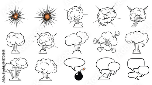 Group of hand drawn comic style explosion clouds and speech bubbles including a black bomb icon with a burning fuse.
