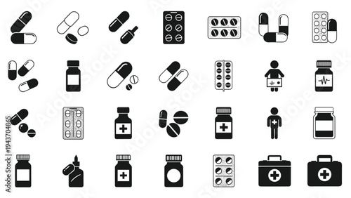 Large set of medical and healthcare icons including pills capsules blister packs medicine bottles and first aid kits.