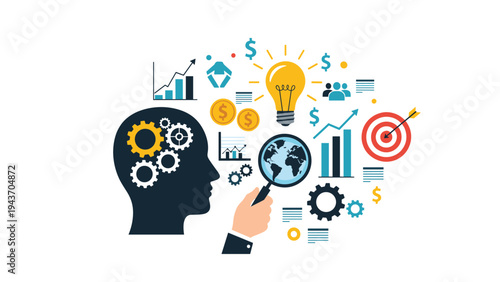 Conceptual illustration of a human head profile with gears and a lightbulb representing ideas and global research.