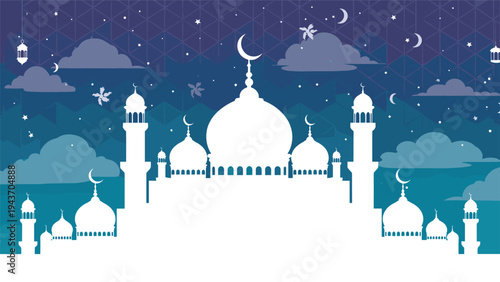 Atmospheric night scene of a white mosque silhouette set against a starry blue sky with a crescent moon and fluffy clouds in the background.