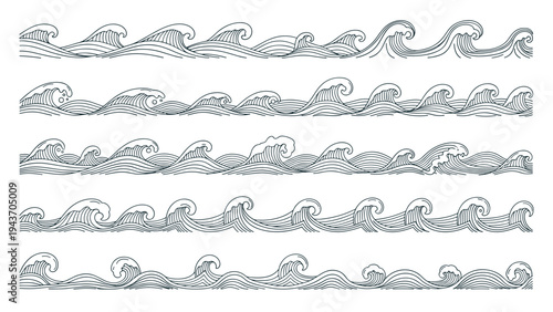 Collection of five stylized ocean wave borders in a classic blue engraving style suitable for maritime or nautical designs.
