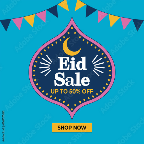 Eid sale banner with crescent moon and colorful flags on blue background