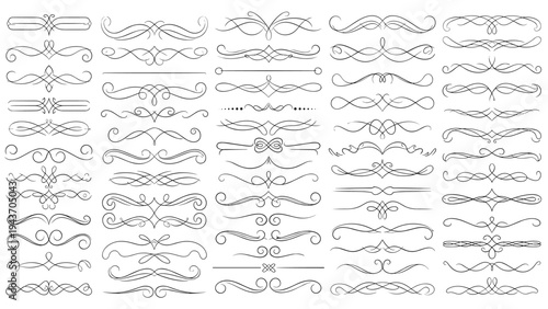 Large set of elegant black decorative flourishes and calligraphic dividers for formal document and invitation design.