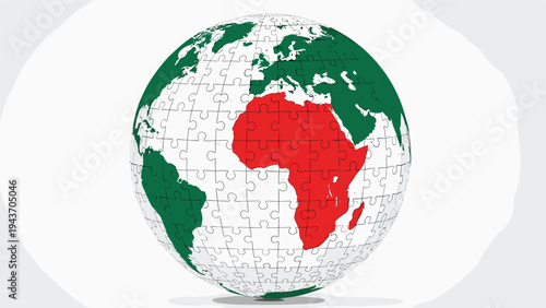 Global jigsaw puzzle representation of the world globe with Africa highlighted in red and other continents in green on white.