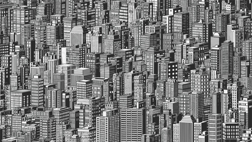 High density urban landscape featuring a monochrome illustration of numerous skyscrapers packed together in a bustling city.