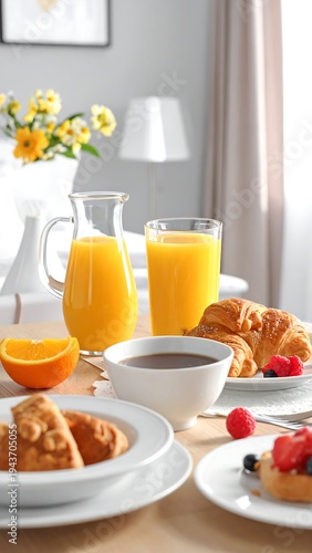 Delightful breakfast table setting with fresh food and drinks