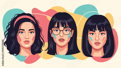 Three stylish women portraits with varying hairstyles and makeup designs featured over vibrant abstract colored backgrounds.