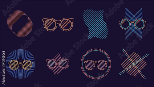 Modern eyewear icons set featuring various glasses frames combined with abstract geometric line art on a dark background.