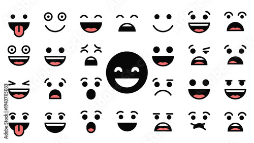 Diverse collection of simple emoji faces expressing various emotions like happiness surprise and sadness in a clean graphic style.