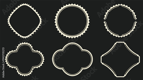 Collection of six vintage style decorative frames with ornate borders on a dark background for classic label design.