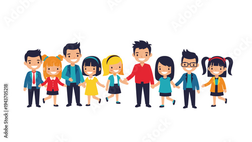 Group of diverse children from different backgrounds standing together and holding hands to symbolize friendship and unity.