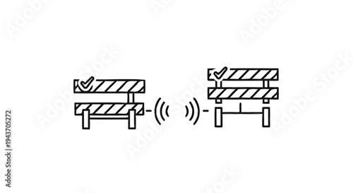 Two construction barriers with checkmarks and signal waves.