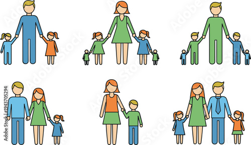 Happy family characters set with parents and children holding hands, parenting and family relationship concept flat vector illustration