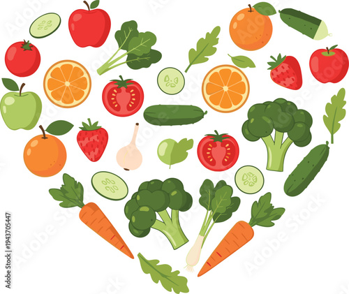 Healthy fruits and vegetables heart shape composition with apples, oranges, broccoli and carrots, nutritious food vector illustration for healthy lifestyle design
