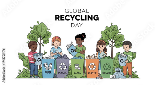 Illustration of diverse children promoting global recycling day with labeled recycling bins and recycling symbols in a natural setting.