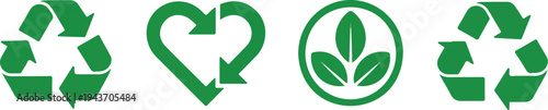 Recycle vector icon set with arrows heart and leaf eco symbols rounded angles environmental recycling signs isolated