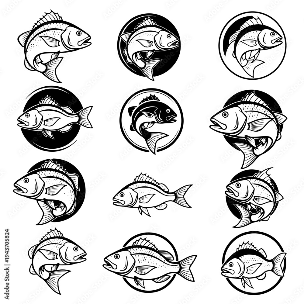 Obraz premium collection of red snapper logo icons, black and white, vector illustration, white background