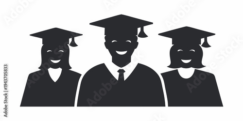Happy Graduating Students Silhouette Vector - Academic Group in Graduation Gowns