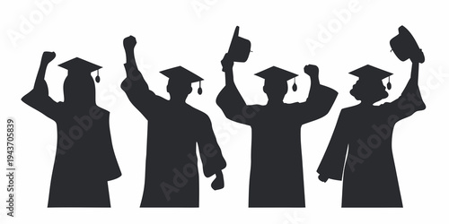 Graduating Students Cheering Silhouette - Happy Group Celebrating Academic Success