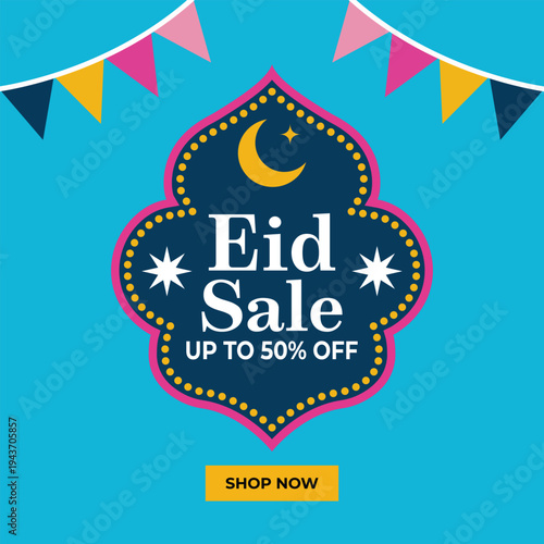 Eid sale promotion with colorful bunting and moon on blue background