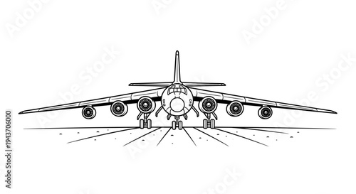 Vintage Bomber Aircraft on Runway, Front View, Line Art Illustration