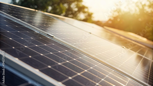 Closeup view of solar panels on building rooftop concept. Close-up view of solar panels absorbing sunlight.