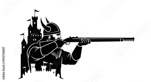 Viking Warrior with Rifle Aims at Castle Silhouette - Historical Fantasy Art