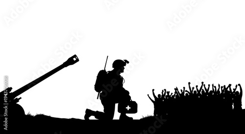 Soldier with First Aid Kit Kneels Before Crowd, Silhouette of Cannon